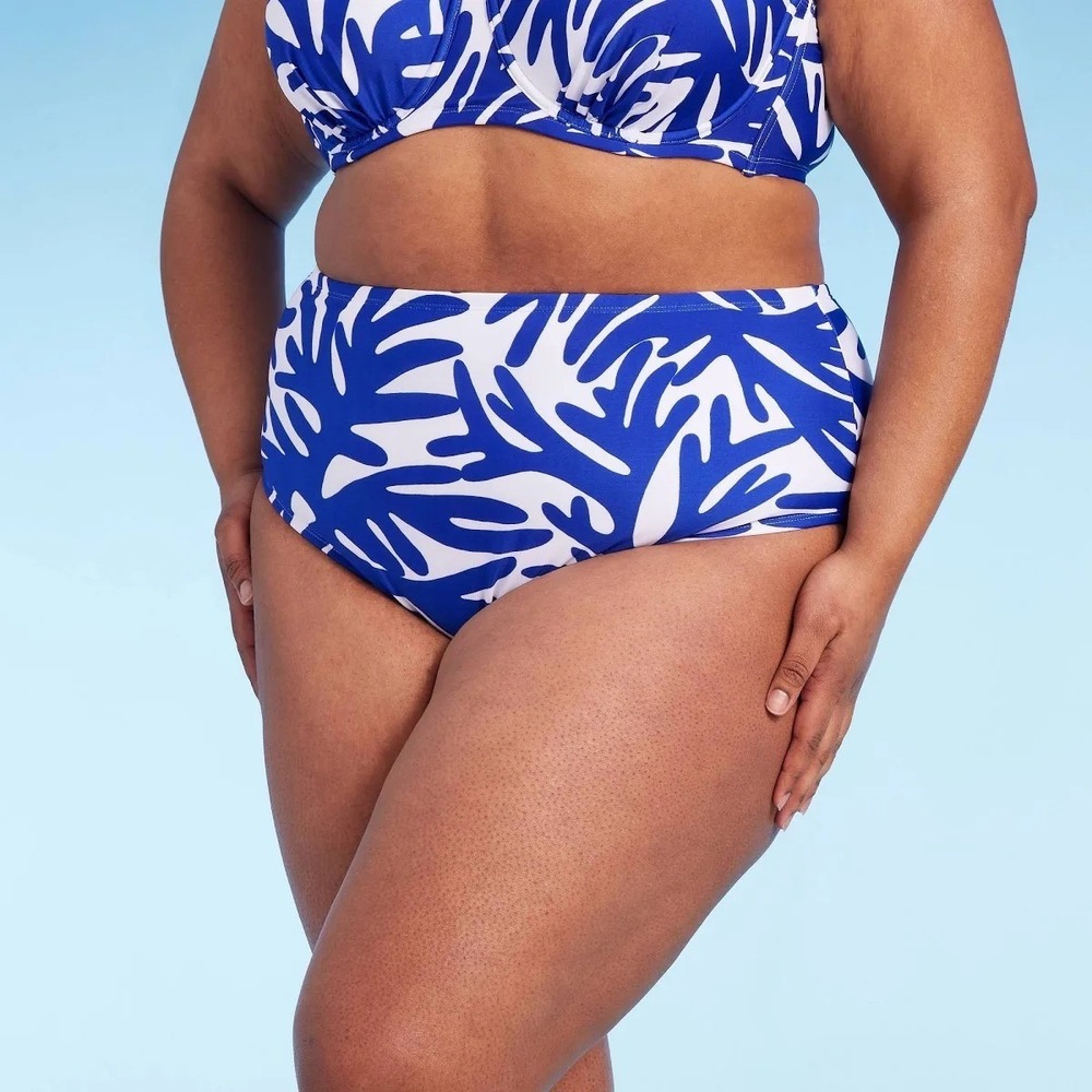 Kona Sol Bikini Bottom Plus Sz 2X 20-22 Blue White Tropical Print High Waist NWT